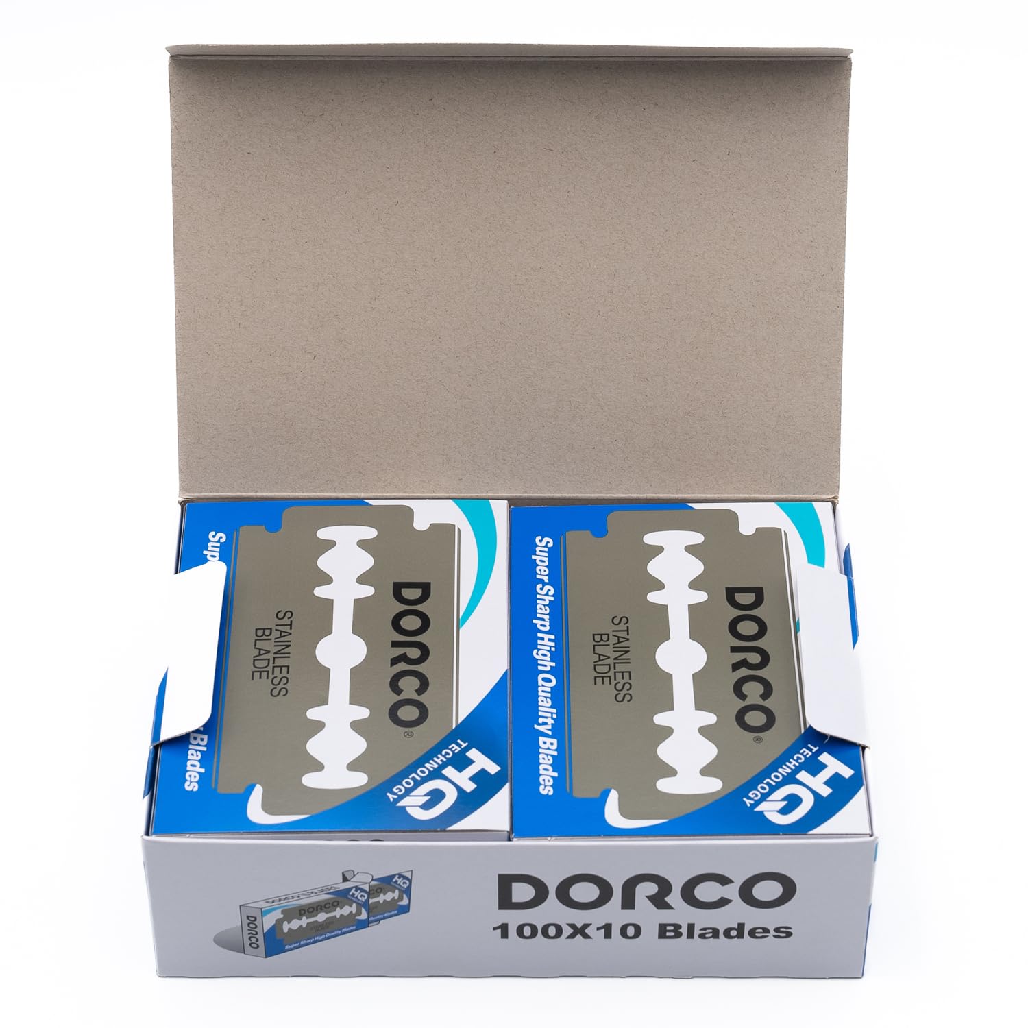 Dorco ST300 blades with safety razors display for versatile shaving setups.