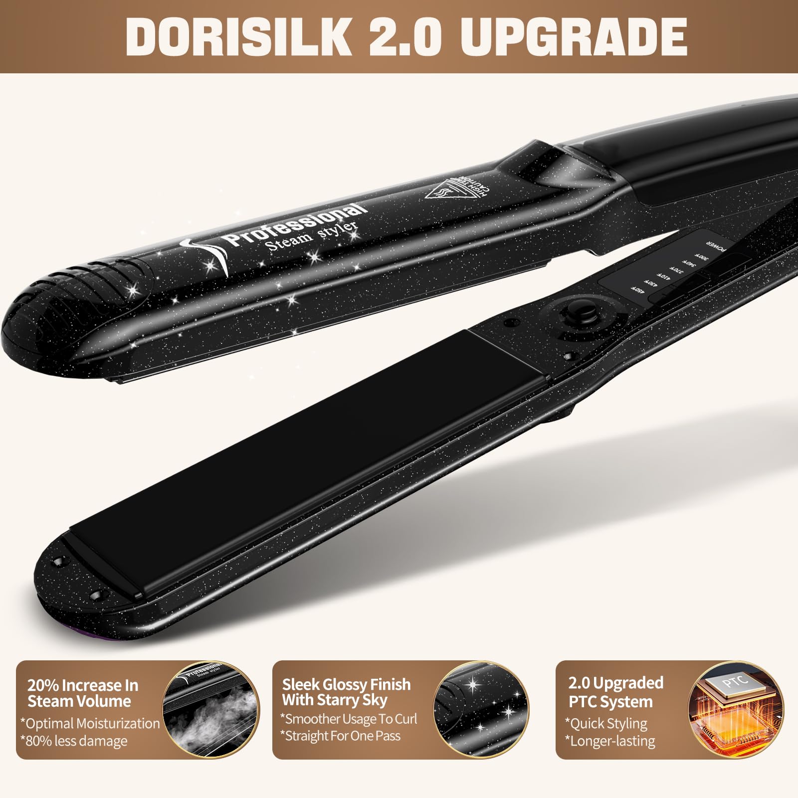 DORISILK 2.0 steam-vents add moisture and gloss during styling