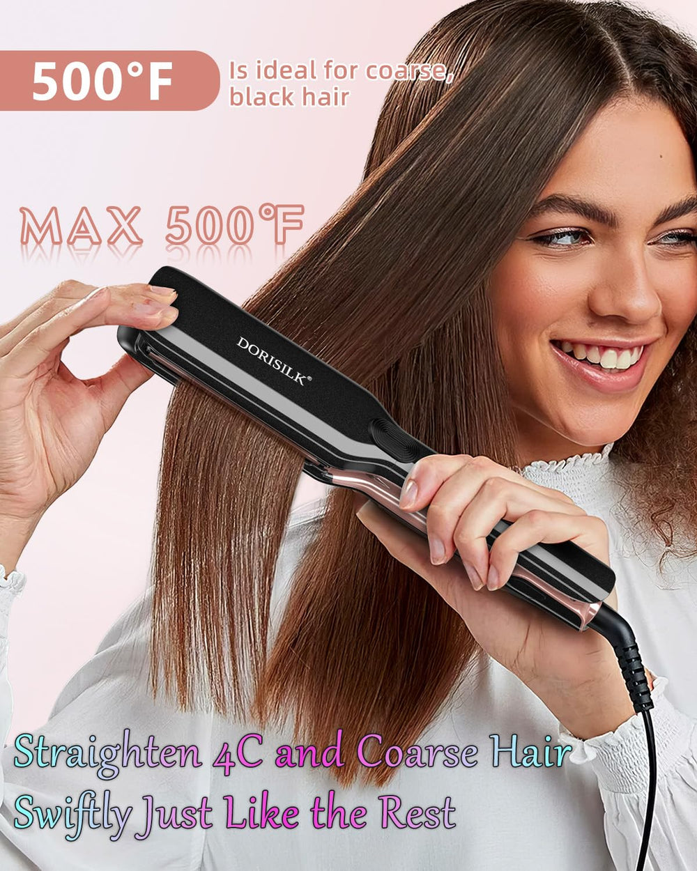 Dorisilk 2-in-1 flat iron curling barrel demonstrates versatile straightening and curling.