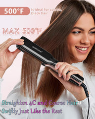 Dorisilk 2-in-1 flat iron curling barrel demonstrates versatile straightening and curling.