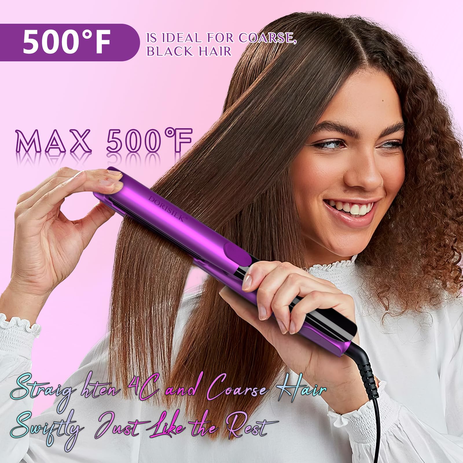 Dorisilk 2-in-1 flat iron demonstrates straightening and curling versatility.