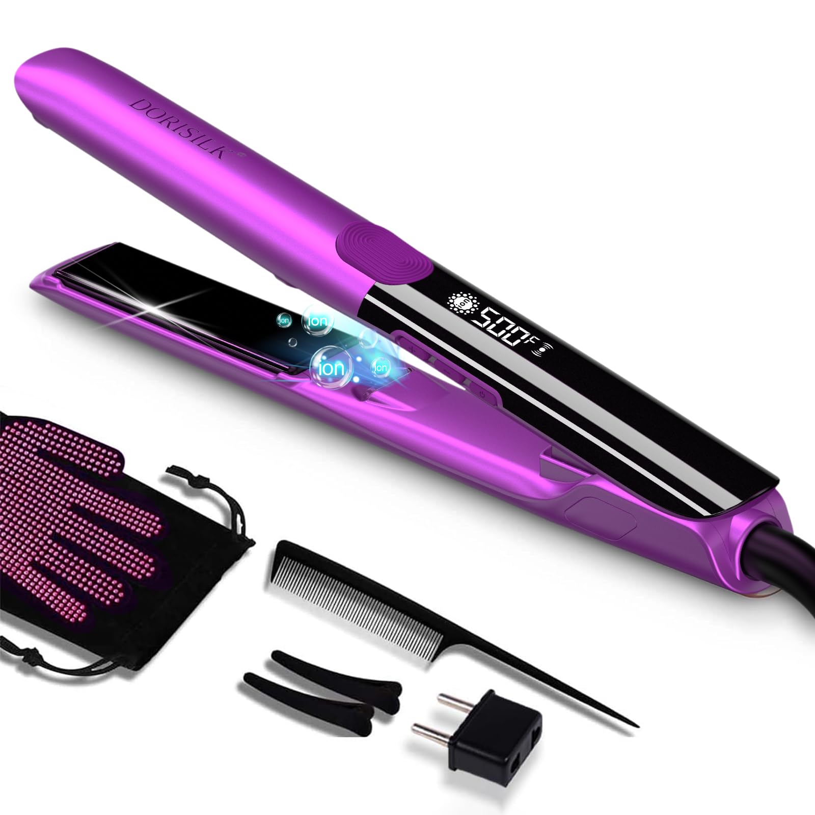 Dorisilk 500-degree flat iron heat plate closeup showing fast, smooth styling.