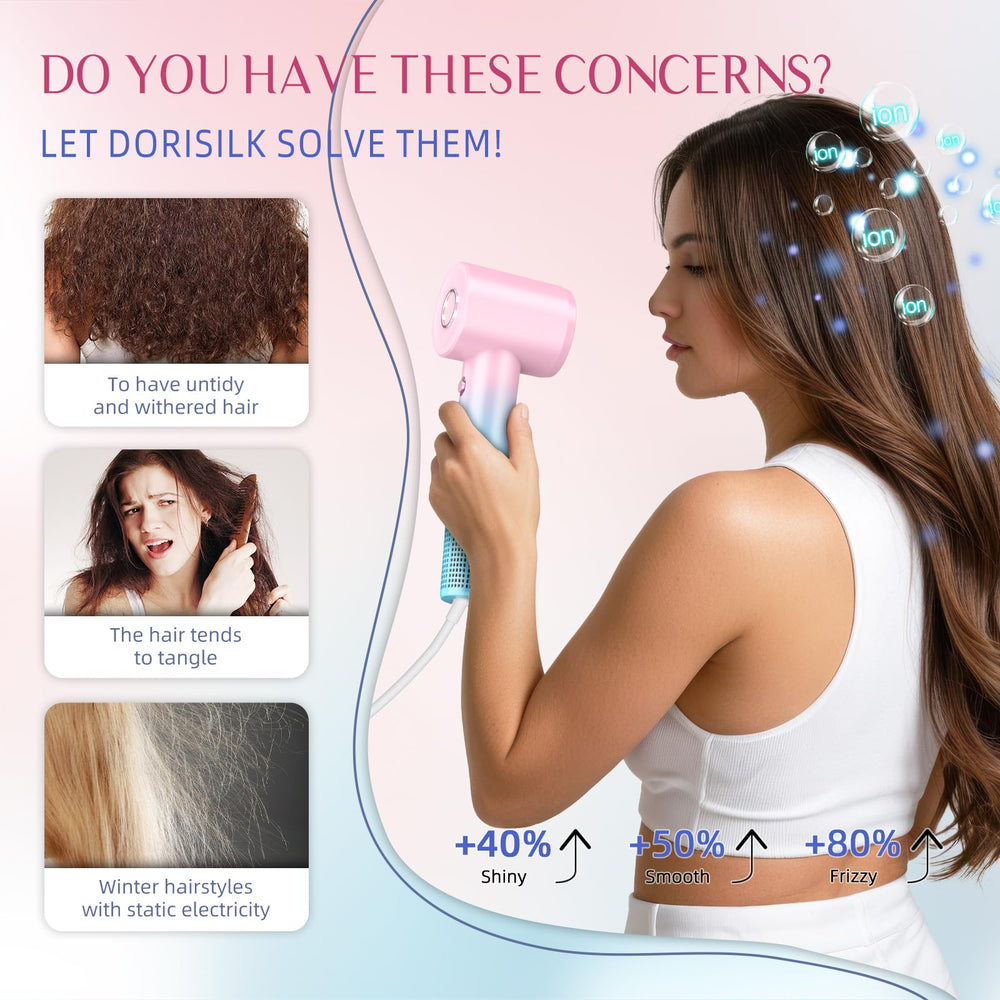 DORISILK Ionic Hair Dryer compact and travel-ready with lightweight design.