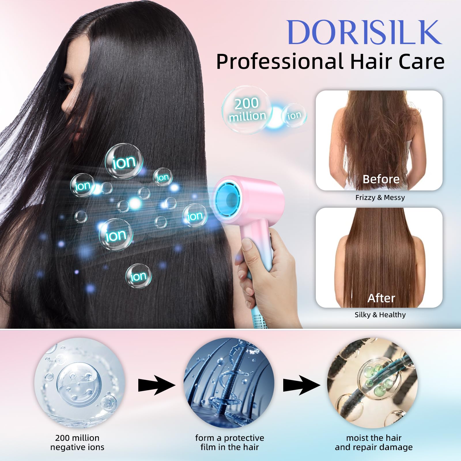 DORISILK Ionic Hair Dryer temperature control ring shows four settings.