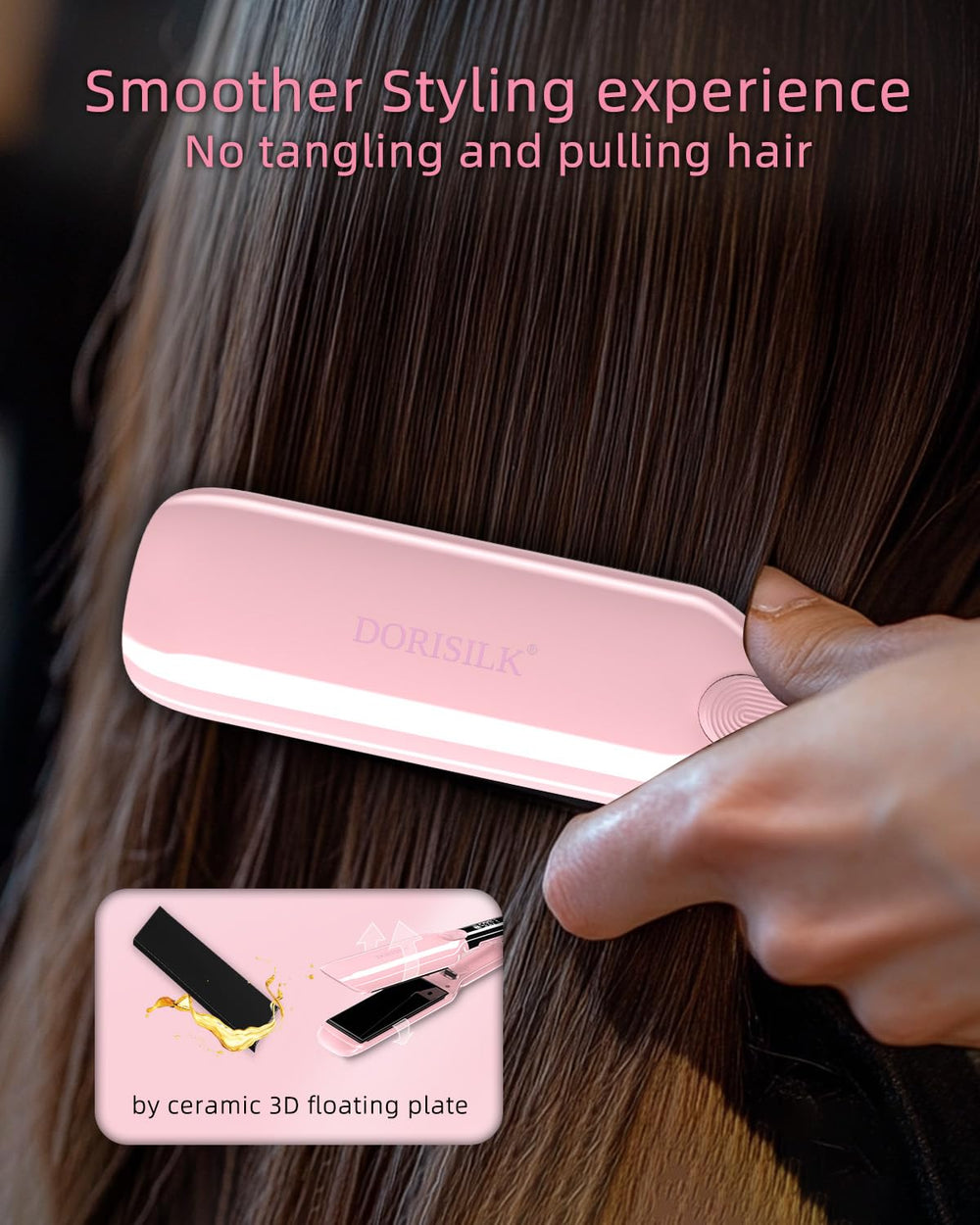 DORISILK pink hair straightener in use delivers frizz control and shine.