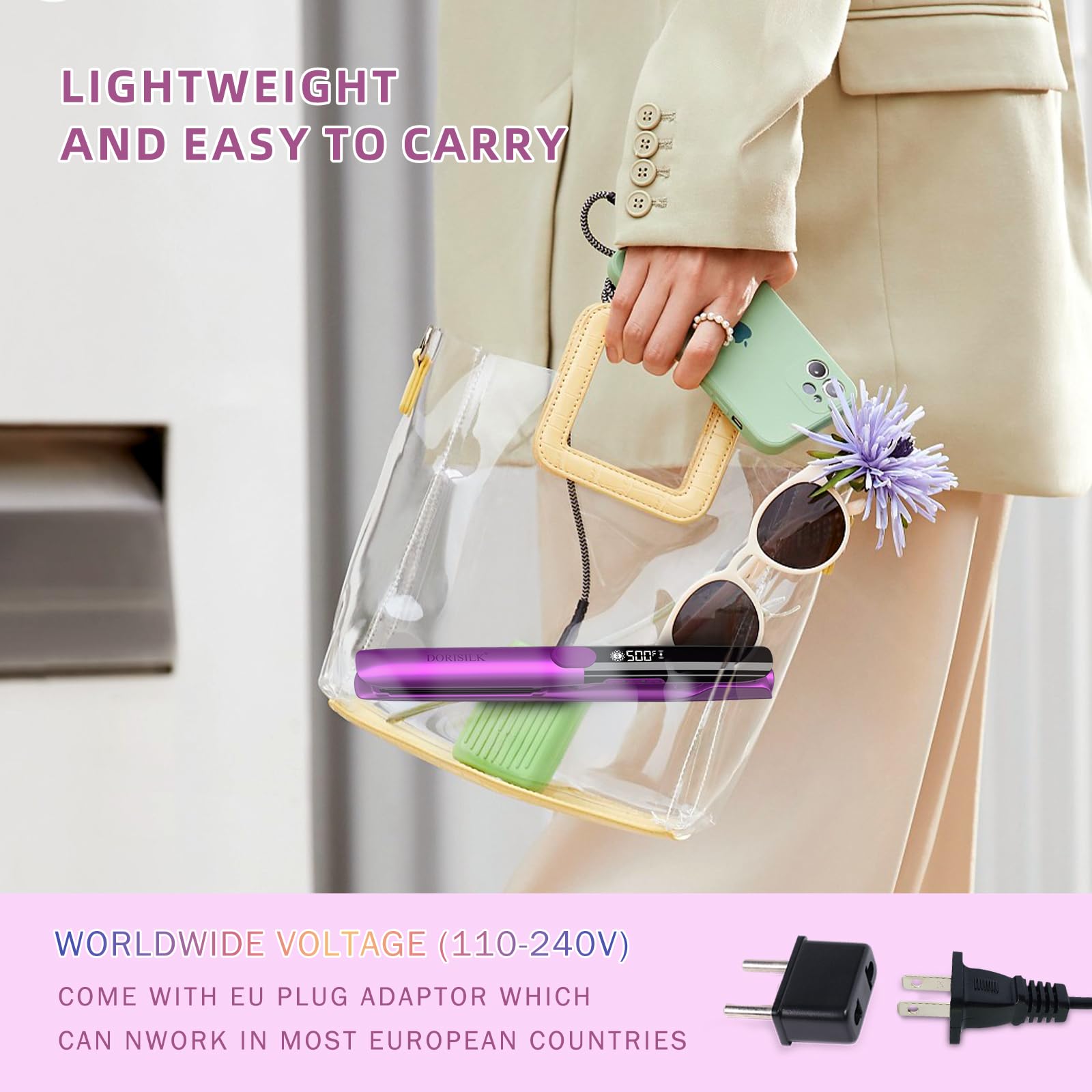 Dorisilk purple flat iron in use delivering salon-like results at home.
