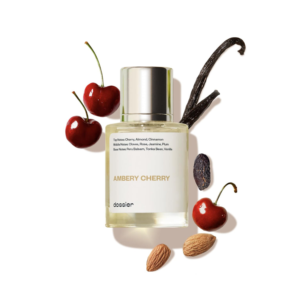 Dossier Ambery Cherry bottle front view highlighting cherry-forward opening for confident wear