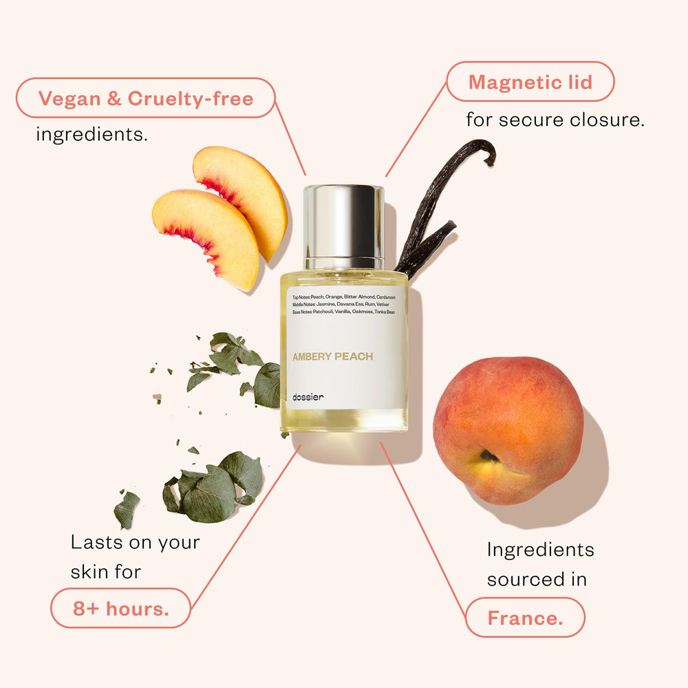 Dossier Ambery Peach bottle pour action captures peach and amber notes.