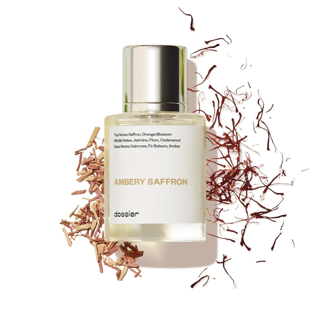 Dossier Ambery Saffron bottle front view for versatile daily fragrance with all-day wear.