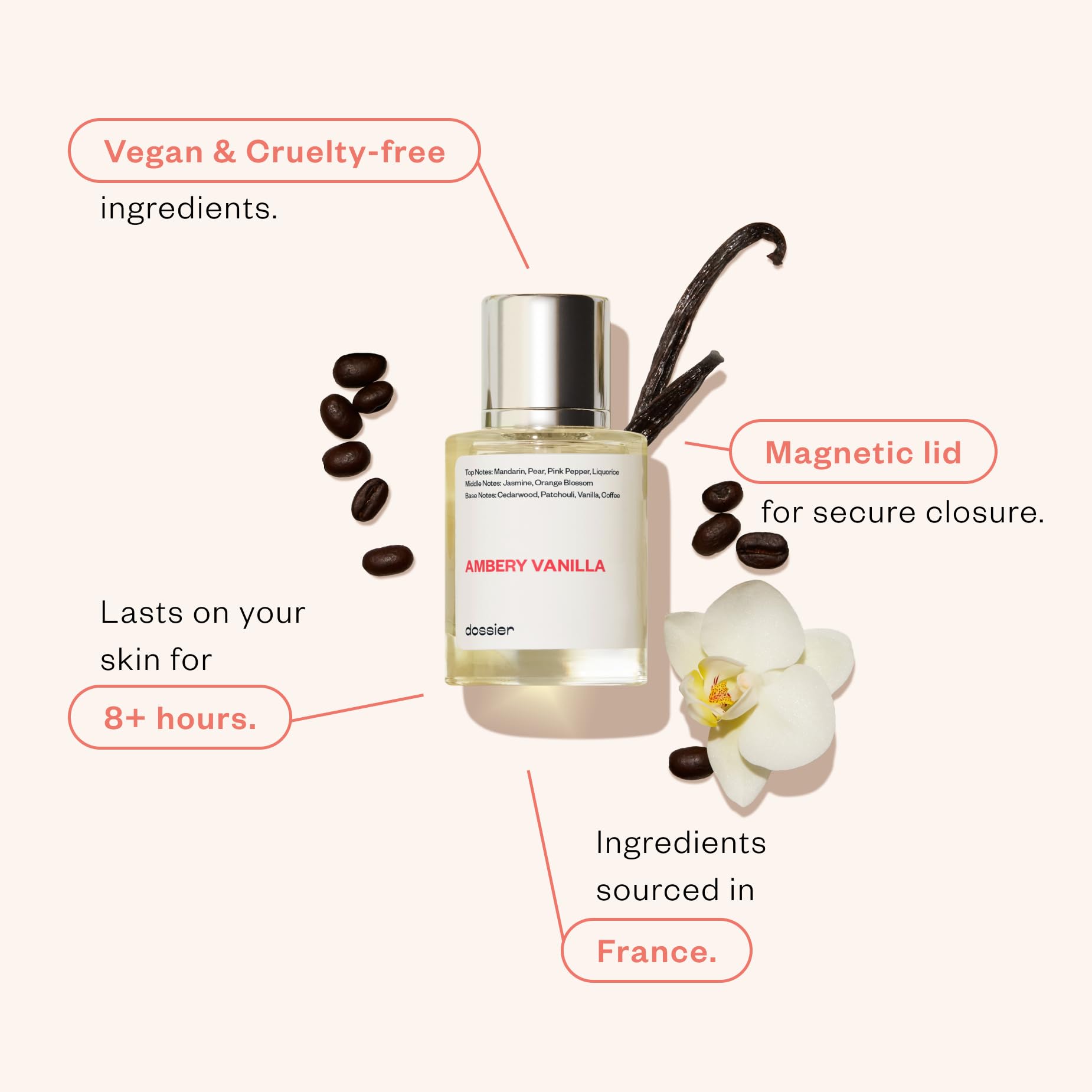 Dossier Ambery Vanilla top notes close-up reveals Mandarin and Pear for a bright opening.