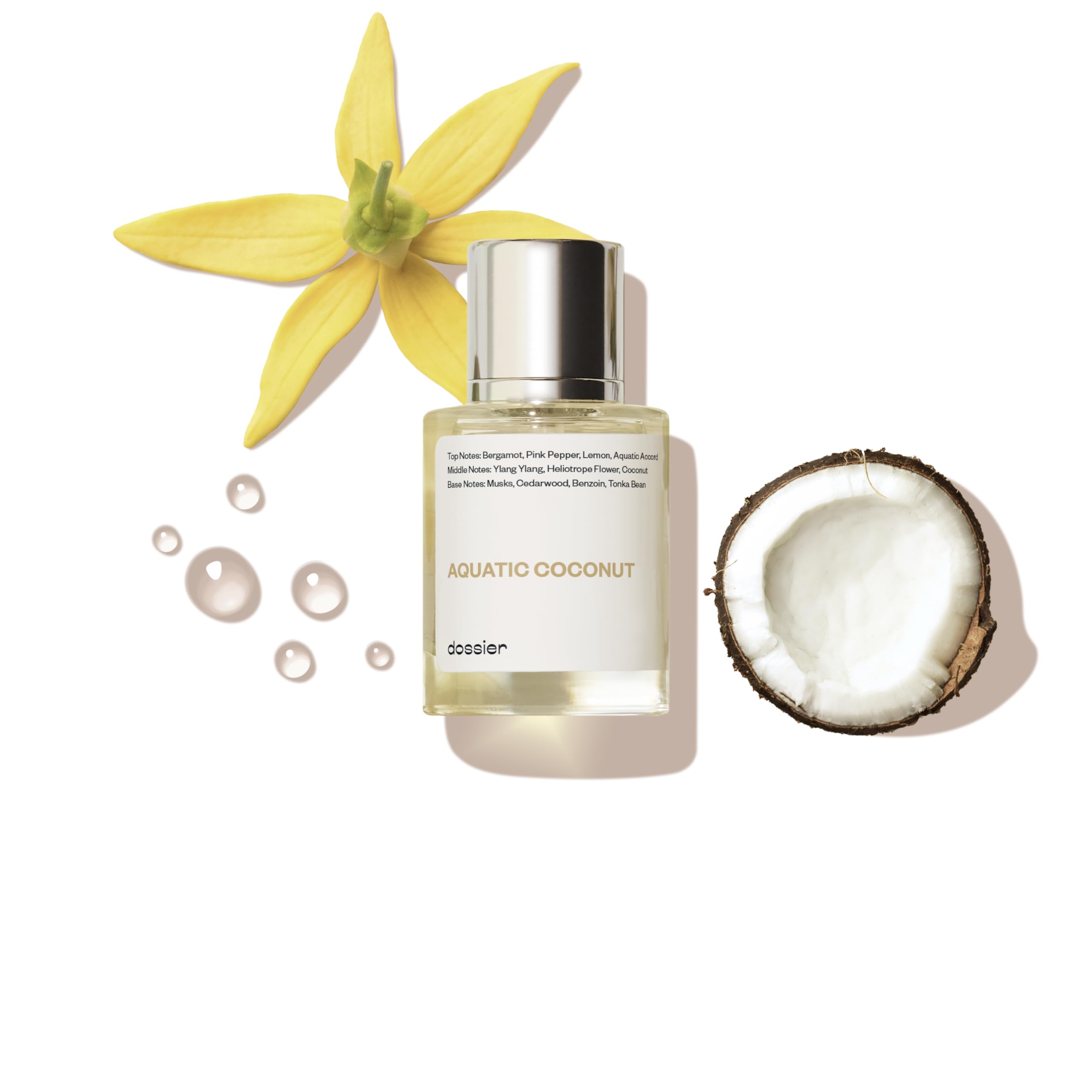 Dossier Aquatic Coconut bottle closeup on a clean surface for daily wear confidence