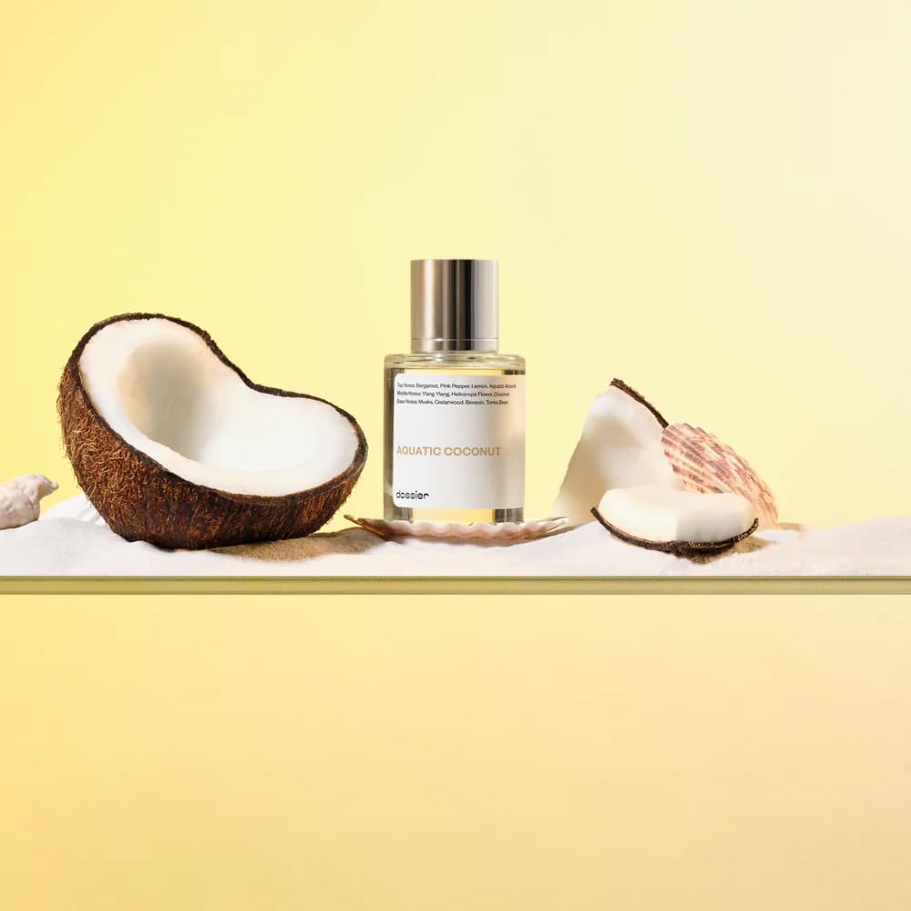 Dossier Aquatic Coconut premium metal cap detail for a refined routine
