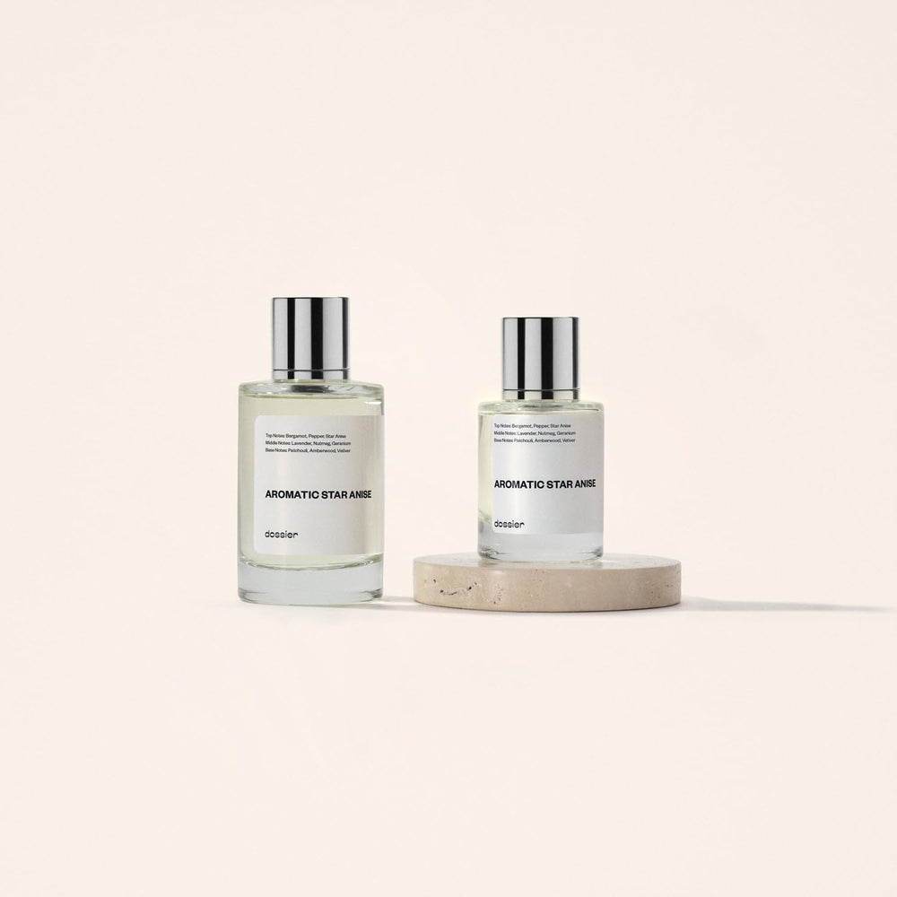 Dossier Aromatic Star Anise bottle close-up shows amber musk glow.