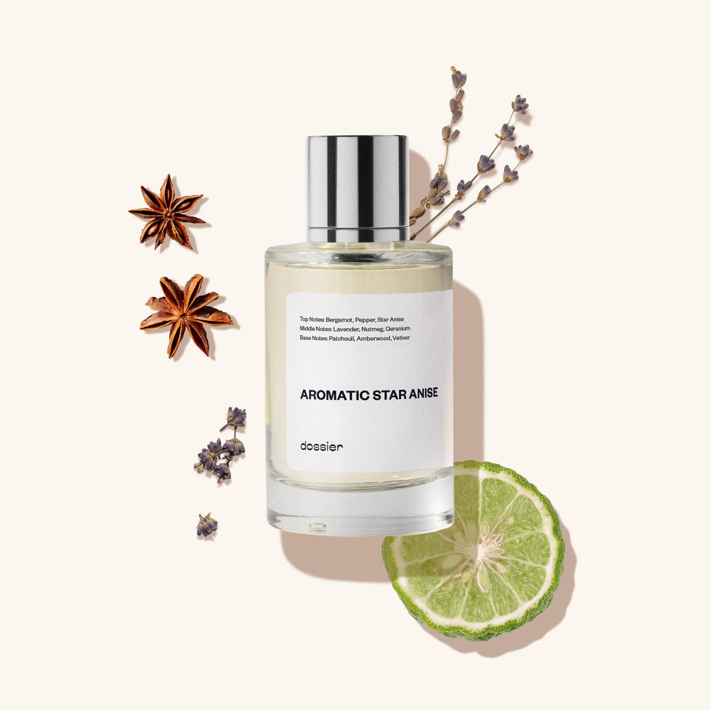 Dossier Aromatic Star Anise glass flacon on a minimalist display.