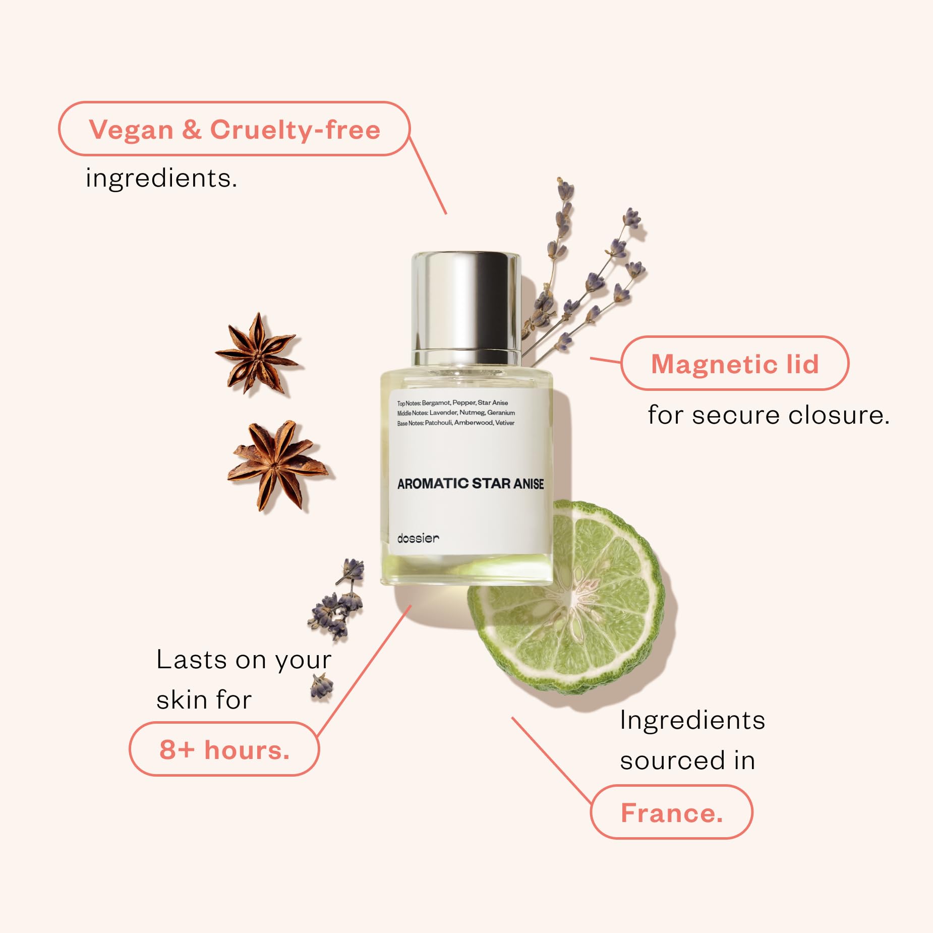 Dossier Aromatic Star Anise spray mist captured mid-application for bold scent.