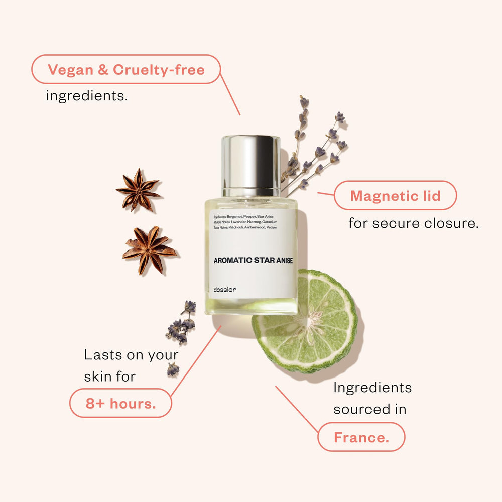 Dossier Aromatic Star Anise spray mist captured mid-application for bold scent.