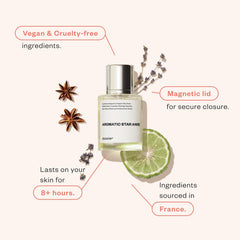 Dossier Aromatic Star Anise spray mist captured mid-application for bold scent.