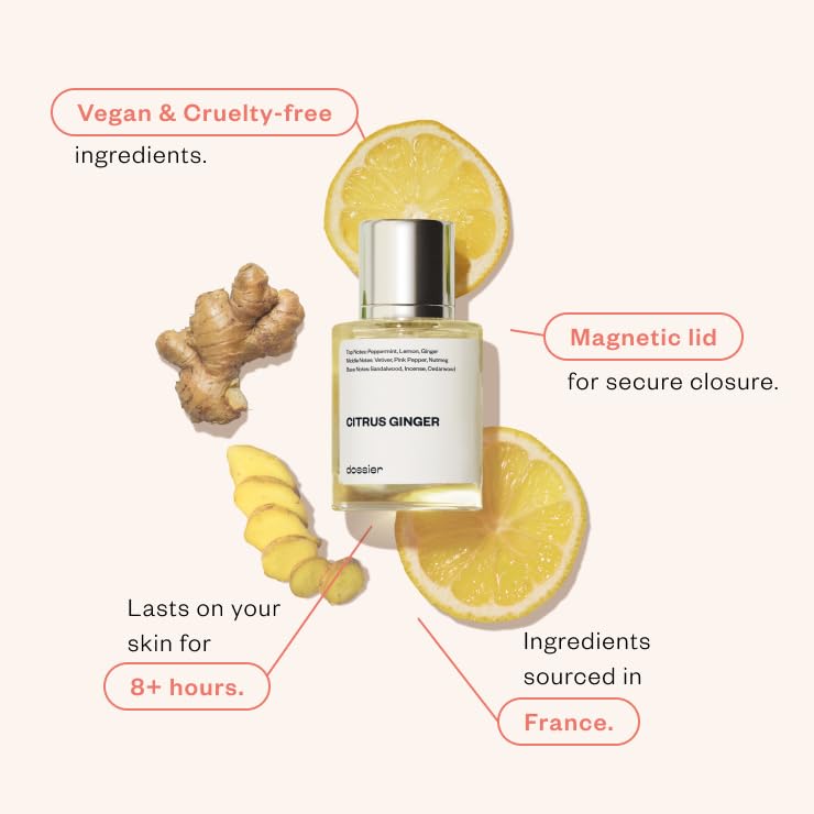 Dossier Citrus Ginger bottle cap design conveys sleek, modern style.