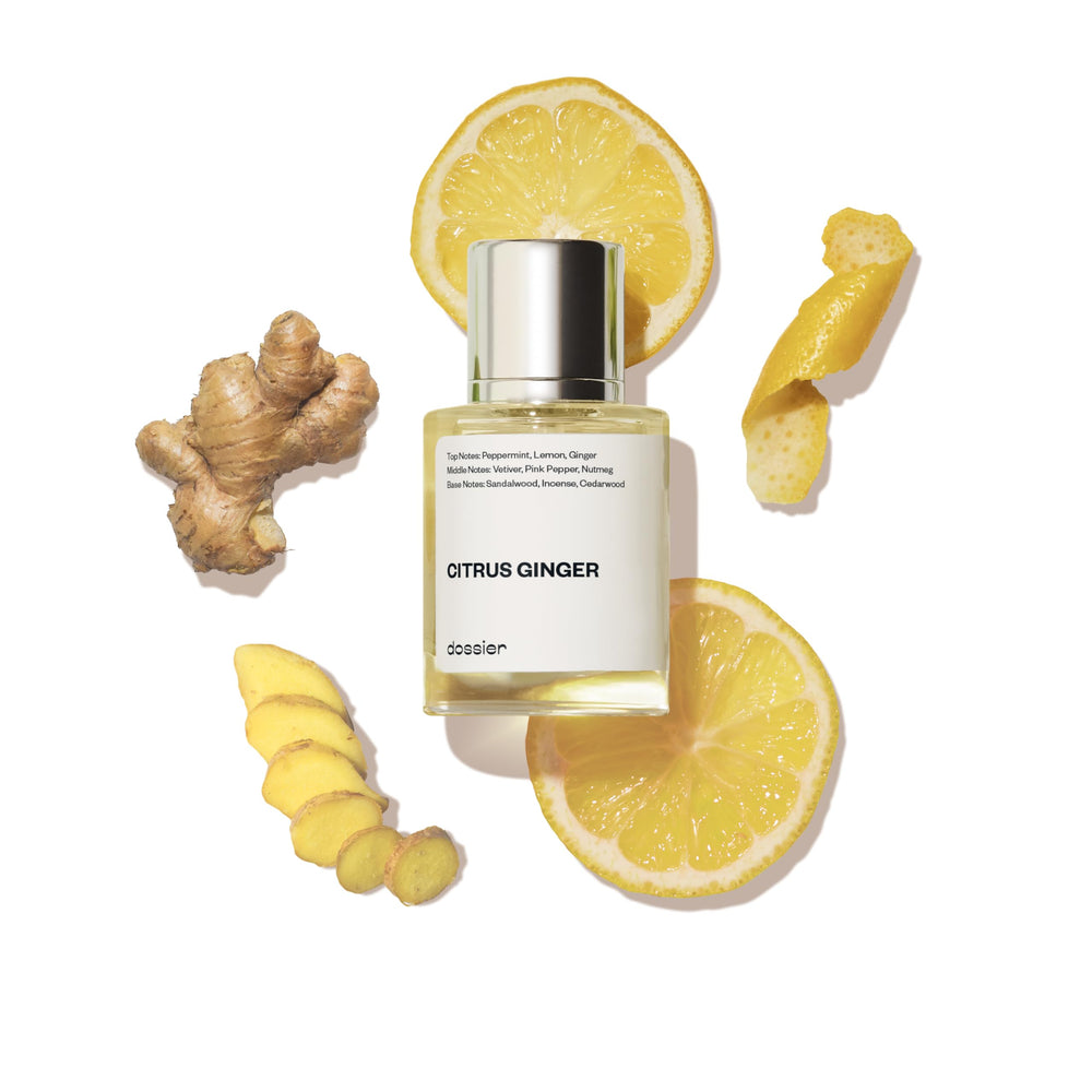 Dossier Citrus Ginger bottle close-up reveals minty-ginger notes for daily wear.
