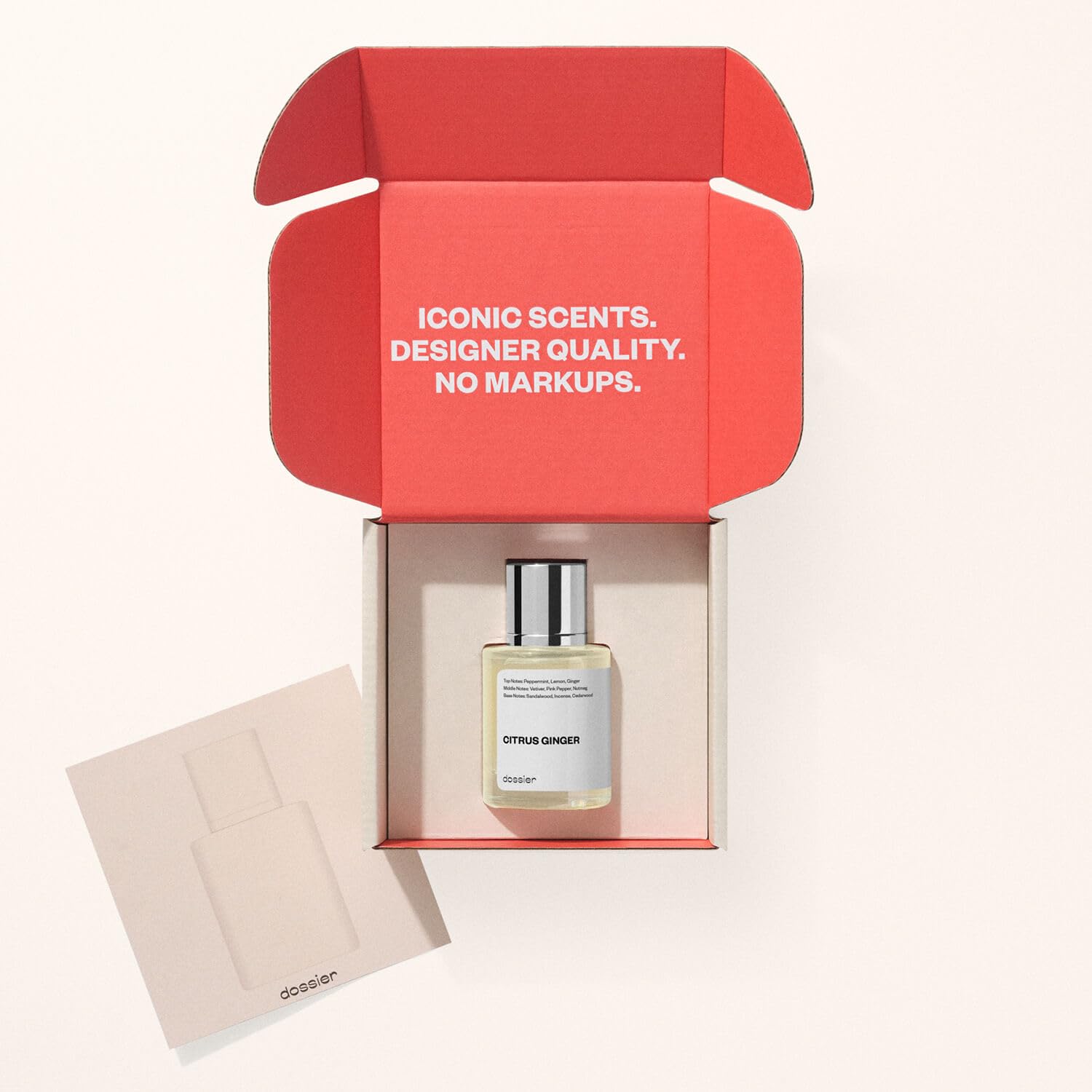 Dossier Citrus Ginger scent strip hints at bright citrus and woody finish.