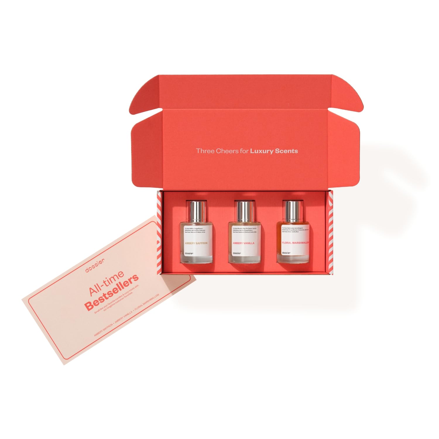 Dossier Ambery Saffron bottle highlighting spicy amber accord for day-to-night wear