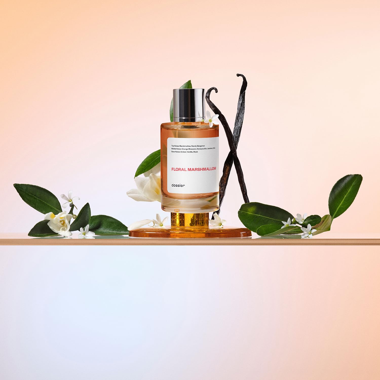 Dossier Floral Marshmallow heart-notes image features orange blossom and honeysuckle for a feminine bouquet.