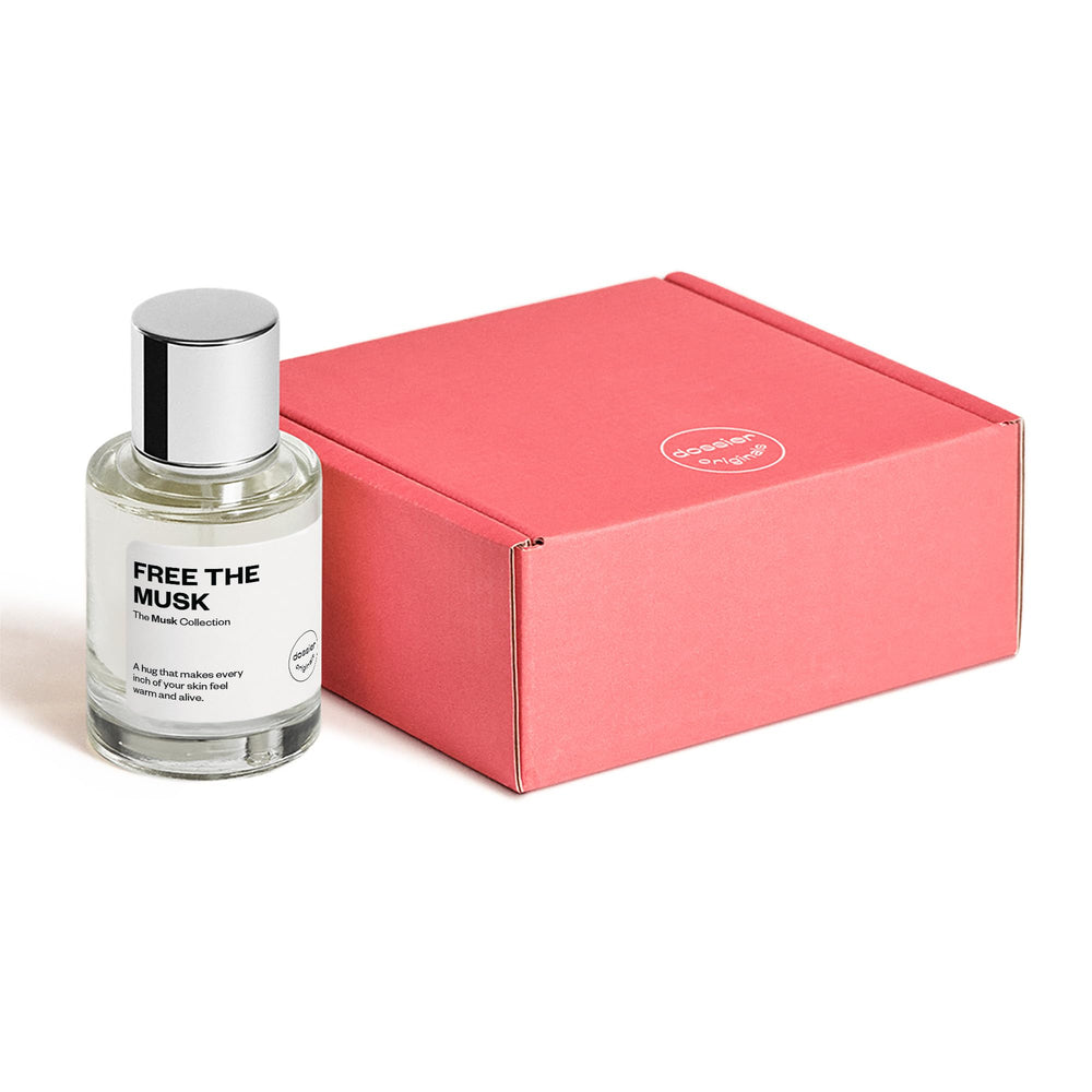 Dossier Free The Musk packaging box emphasizing premium, cruelty-free fragrance value