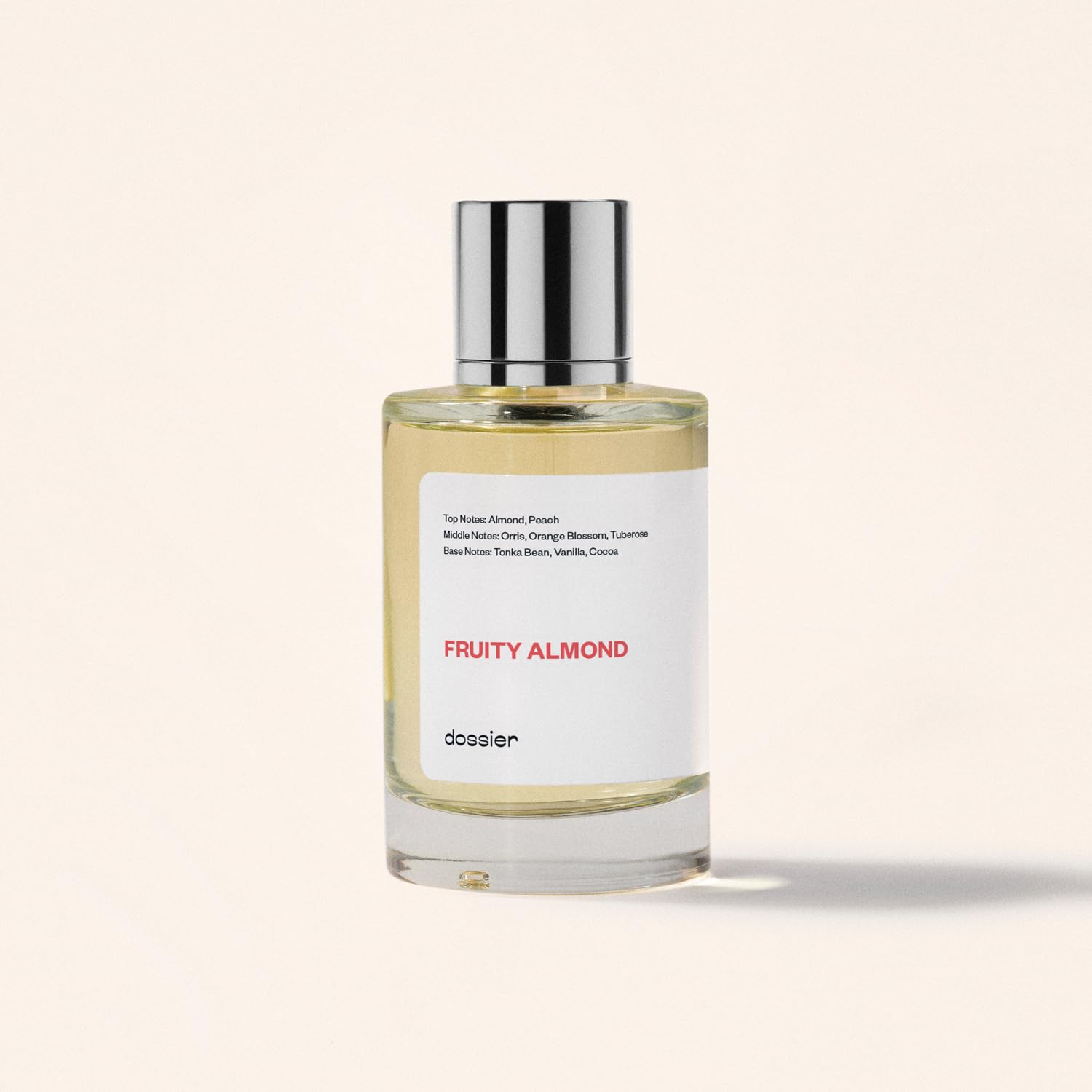 Dossier Fruity Almond vegan and paraben-free formula, cruelty-free assurance.