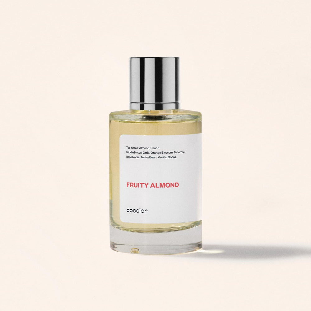 Dossier Fruity Almond vegan and paraben-free formula, cruelty-free assurance.