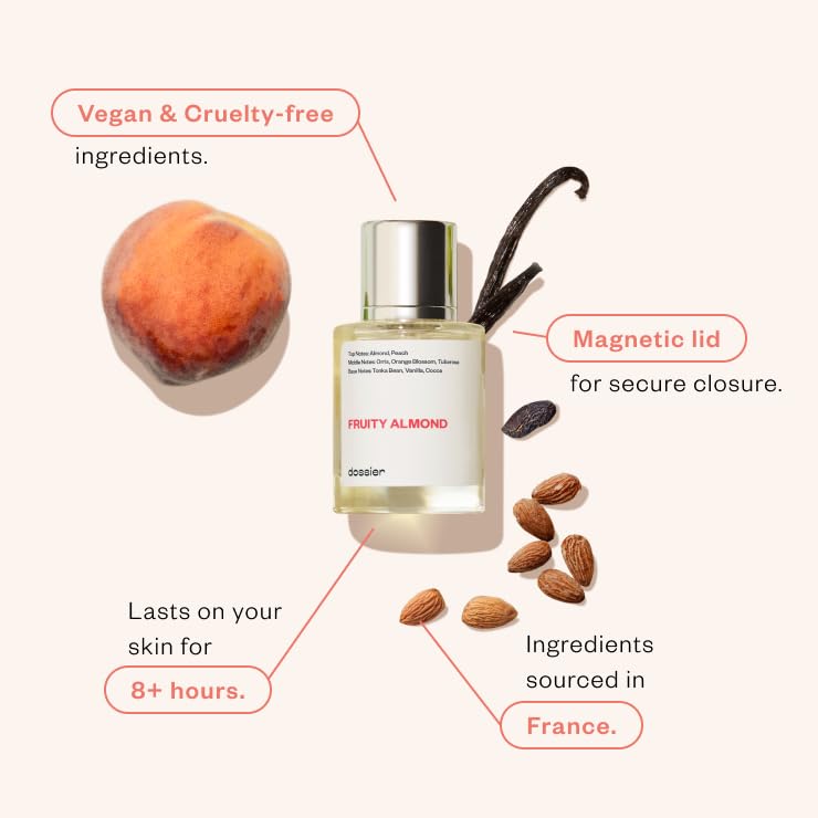 Dossier Fruity Almond spray pump ideal for quick refreshes and evenings.