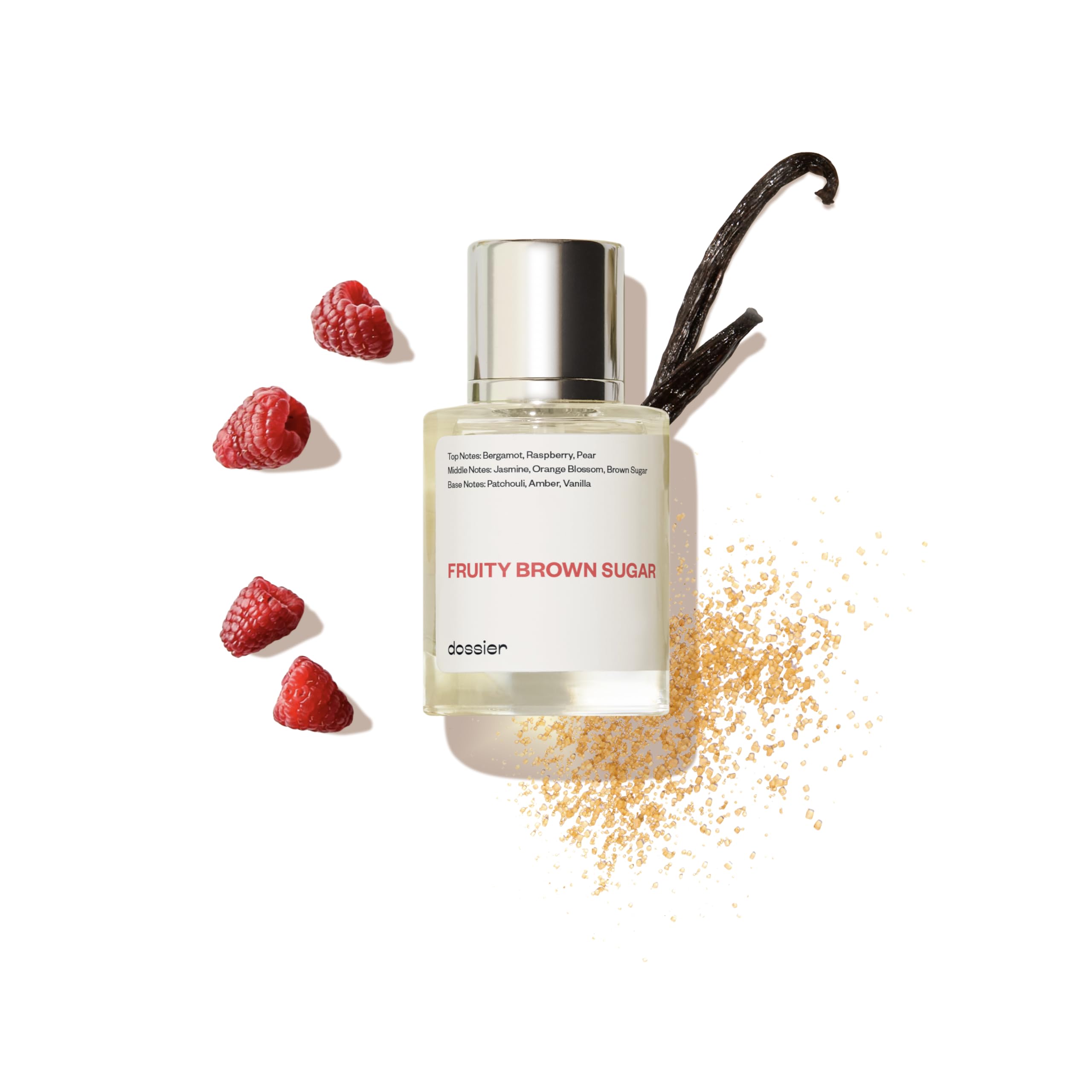 Dossier Fruity Brown Sugar bottle highlights long-lasting vanilla-brown sugar aroma.