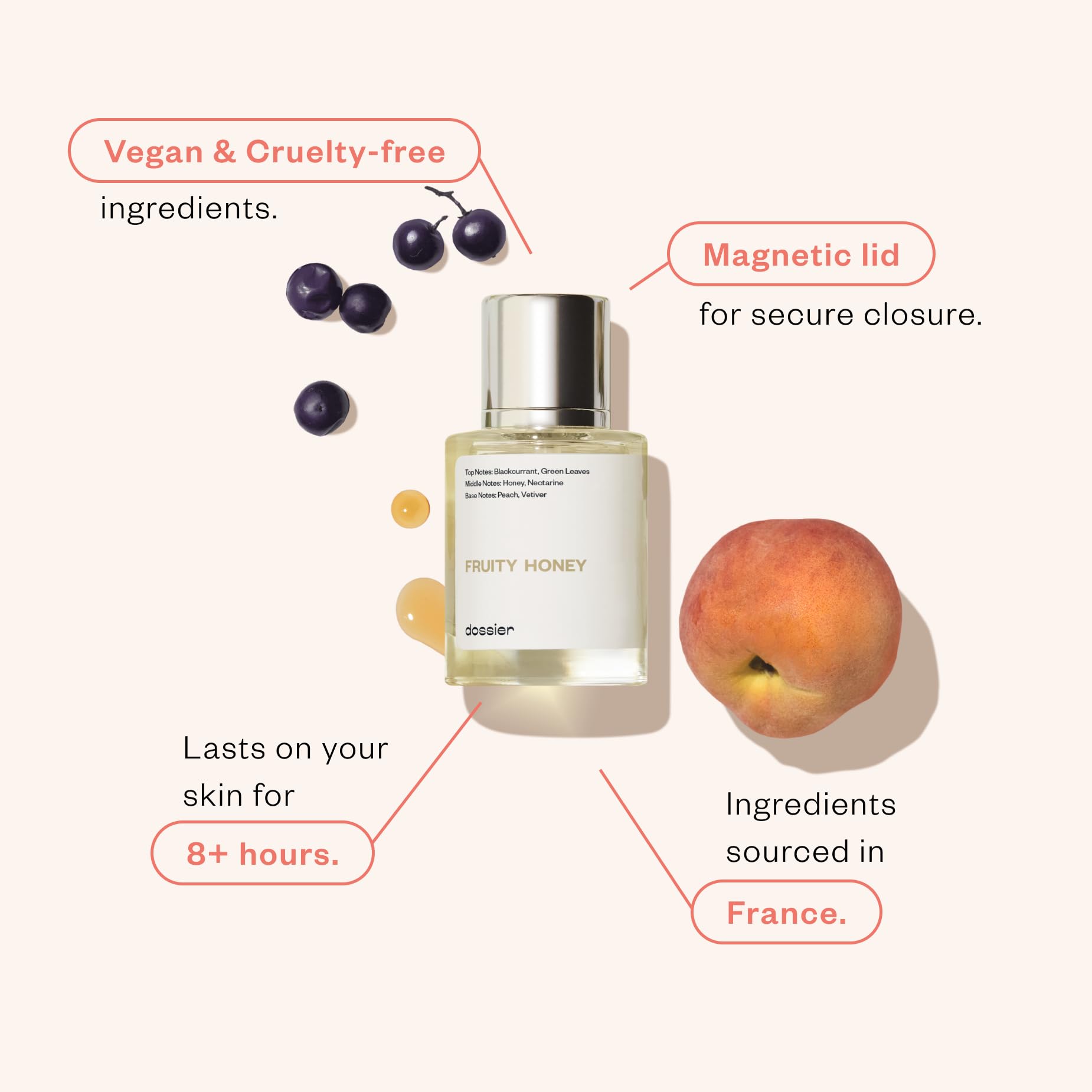 Dossier Fruity Honey close-up shows nectarine and blackcurrant notes uplifting mood.