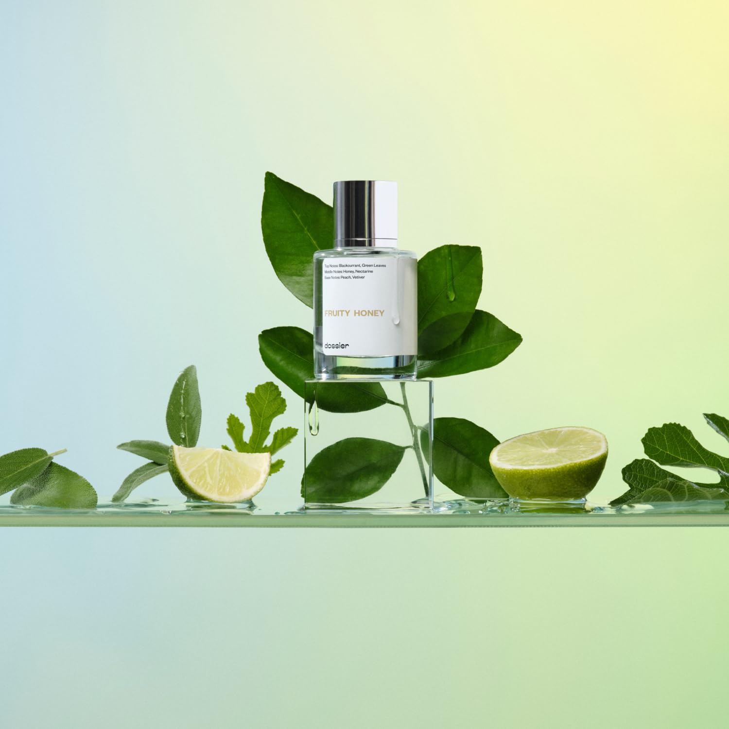 Dossier Fruity Honey spray bottle captures peach and honey tones for versatile wear.
