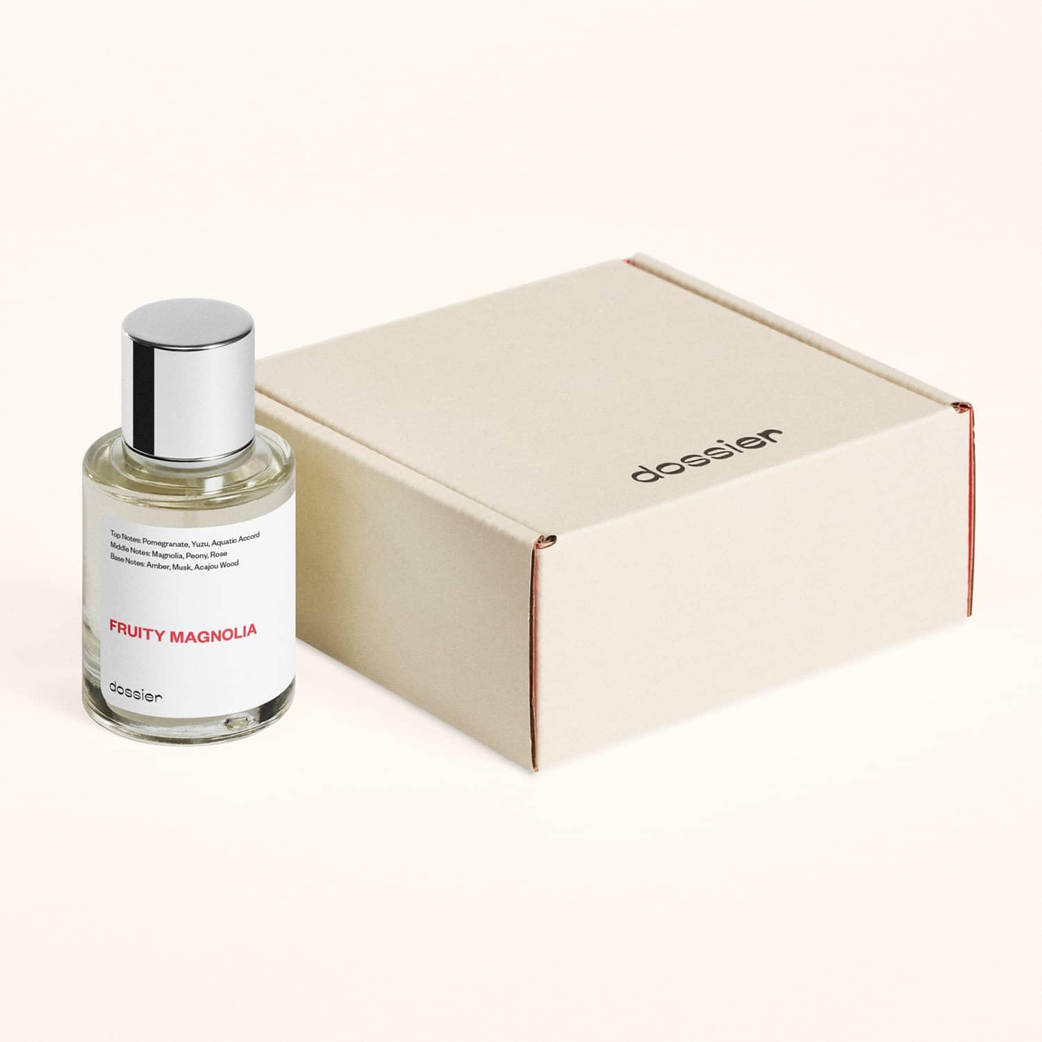 Dossier Fruity Magnolia label explains vegan, paraben-free formula and cruelty-free values.