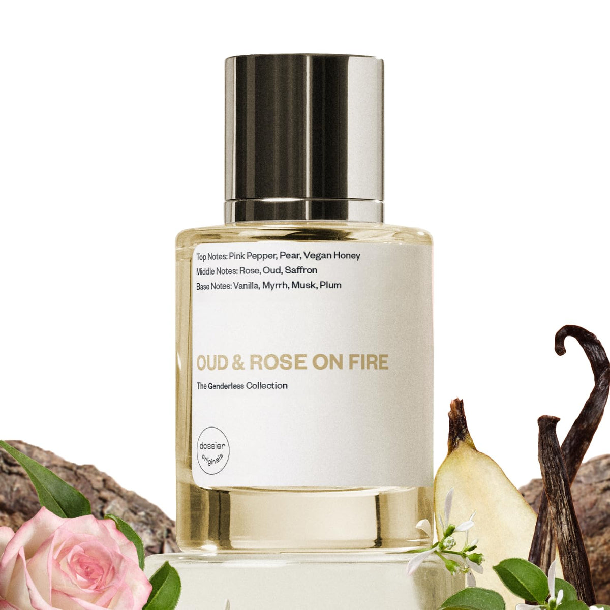 Dossier Original Oud & Rose on Fire bottle close-up highlighting long-lasting fragrance.