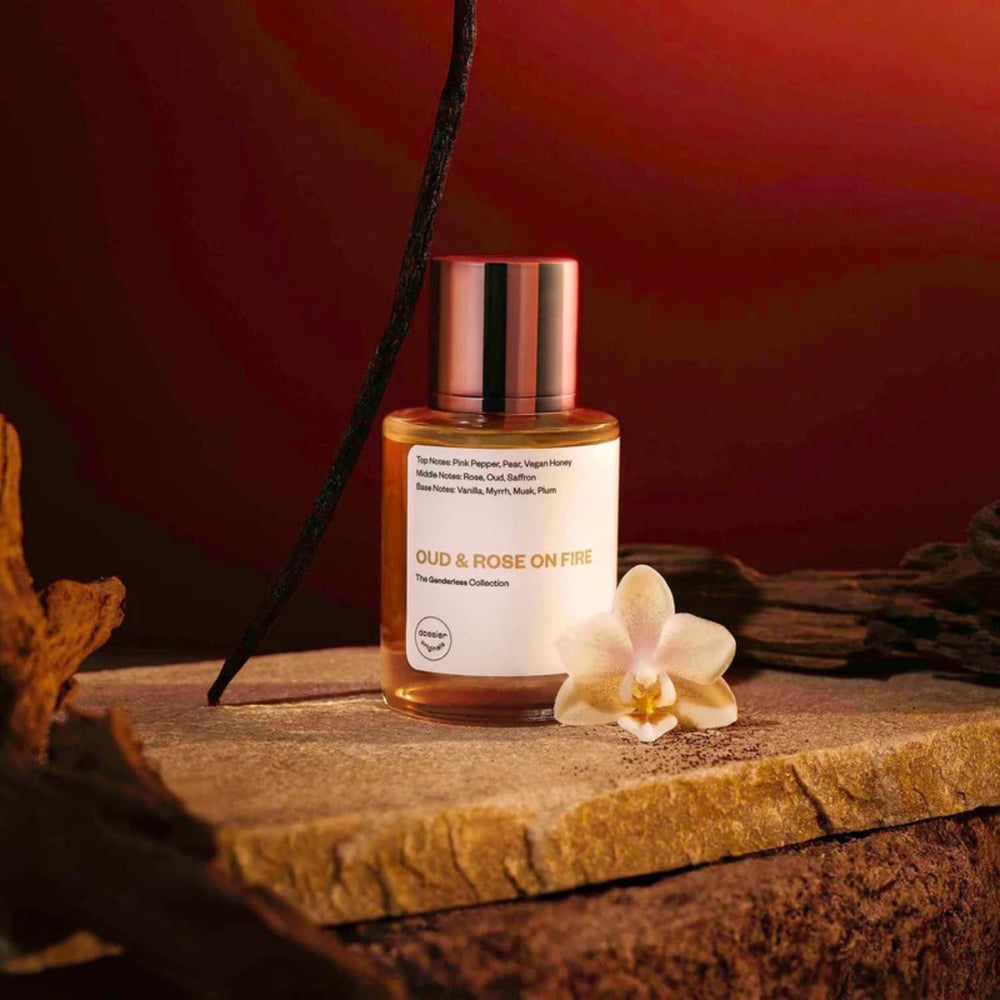 Dossier Original Oud & Rose on Fire unisex packaging conveys accessible luxury.