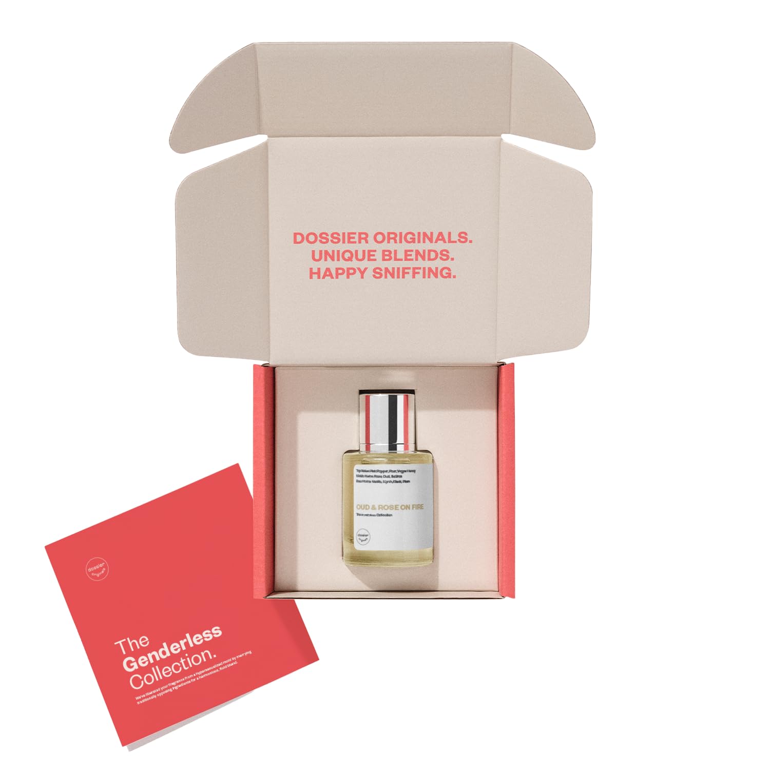 Dossier Original Oud & Rose on Fire vegan-paraben-free badge emphasizes clean formula.
