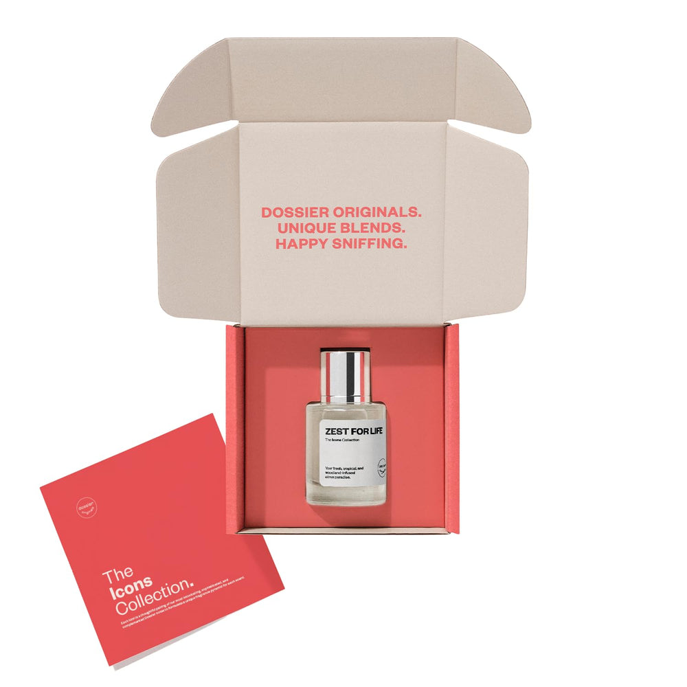 Dossier Original Zest for Life base notes combine cedarwood amber and incense for lasting warmth.