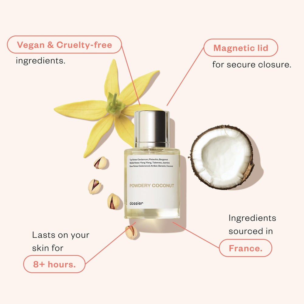 Dossier Powdery Coconut bottle angled to showcase premium design and subtle shimmer.