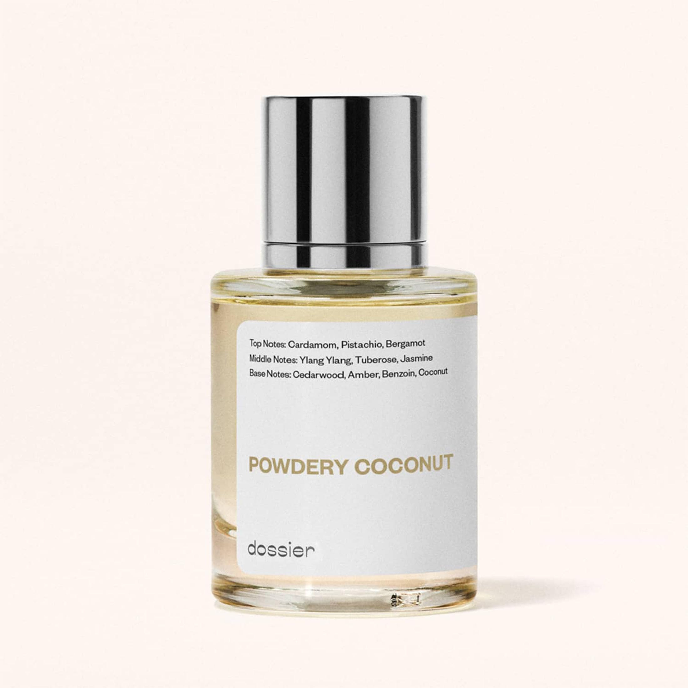 Dossier Powdery Coconut ingredients label highlights vegan and paraben-free attributes.