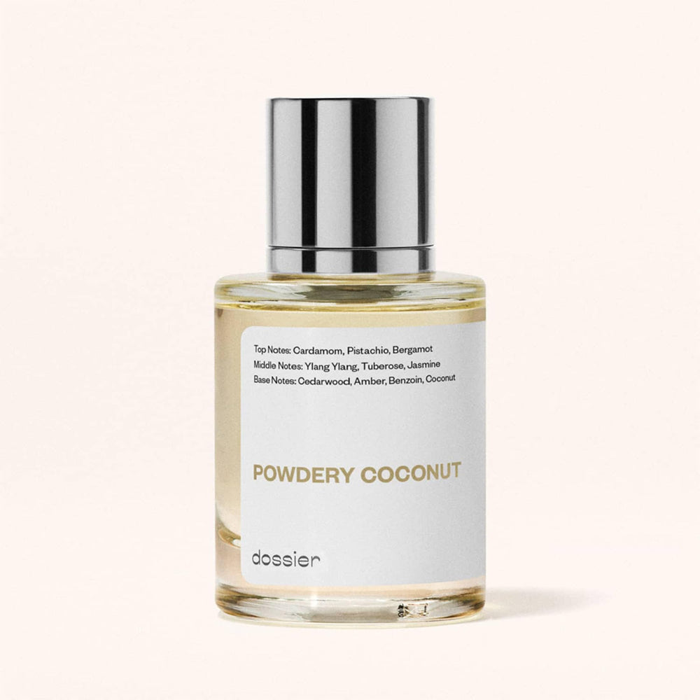 Dossier Powdery Coconut ingredients label highlights vegan and paraben-free attributes.