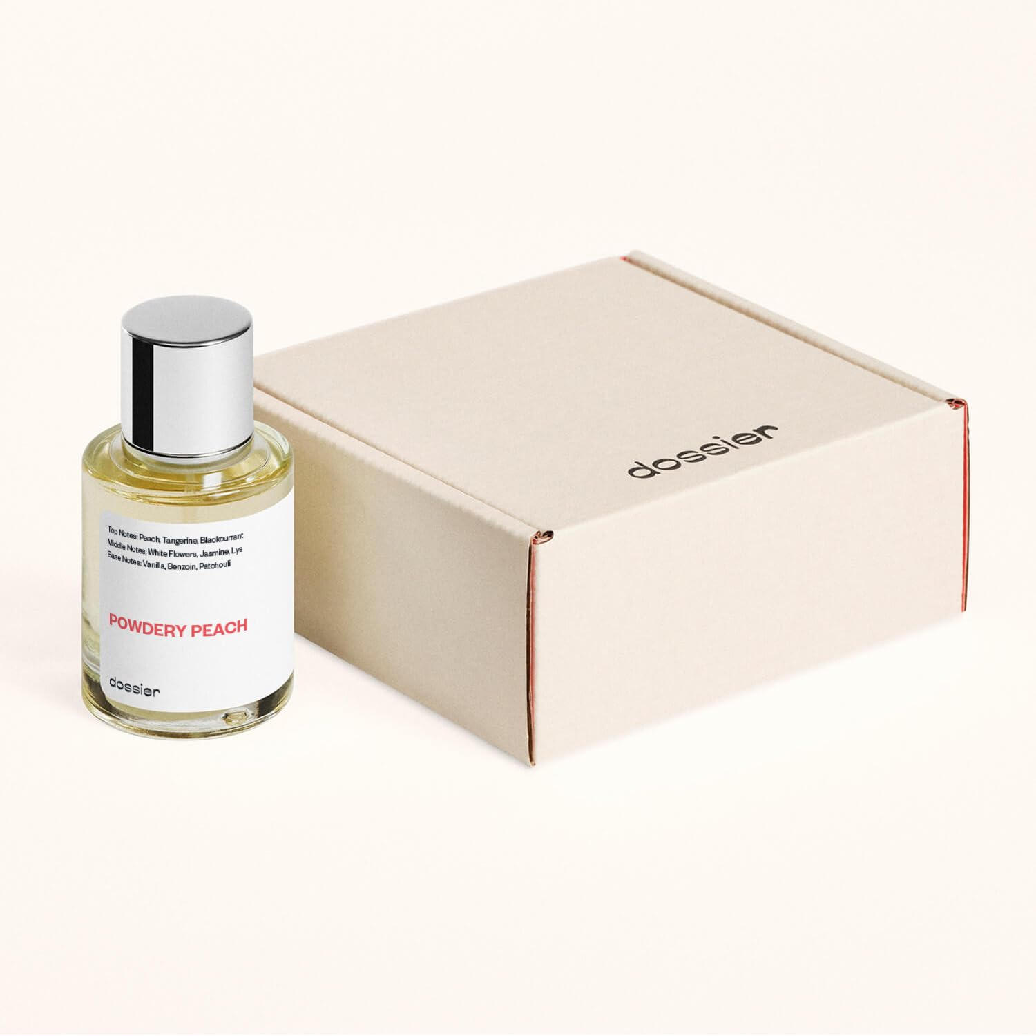 Dossier Powdery Peach application scene inviting a refined scent ritual.