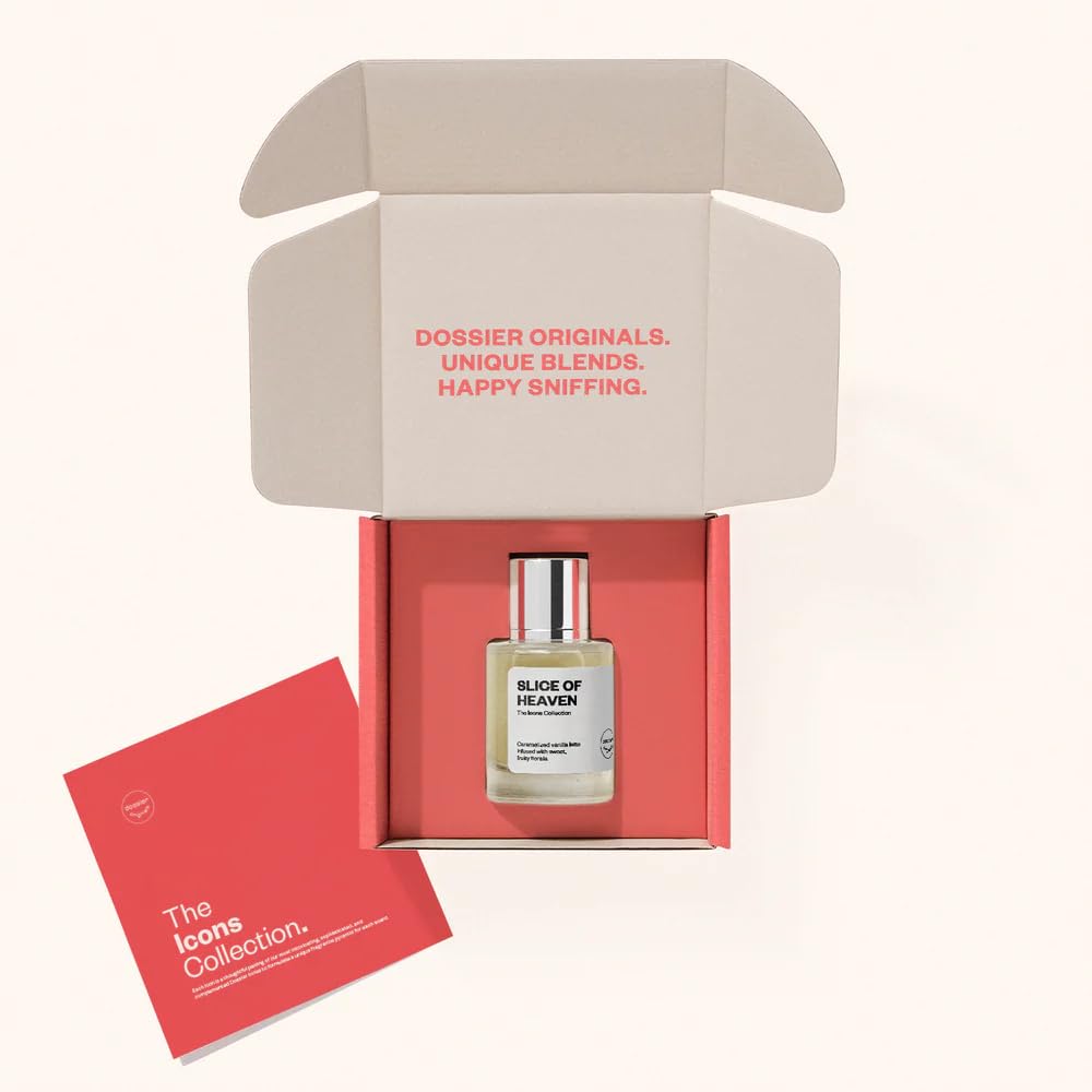 Dossier Slice of Heaven vanilla caramel note detail evokes warm dessert-like mood.
