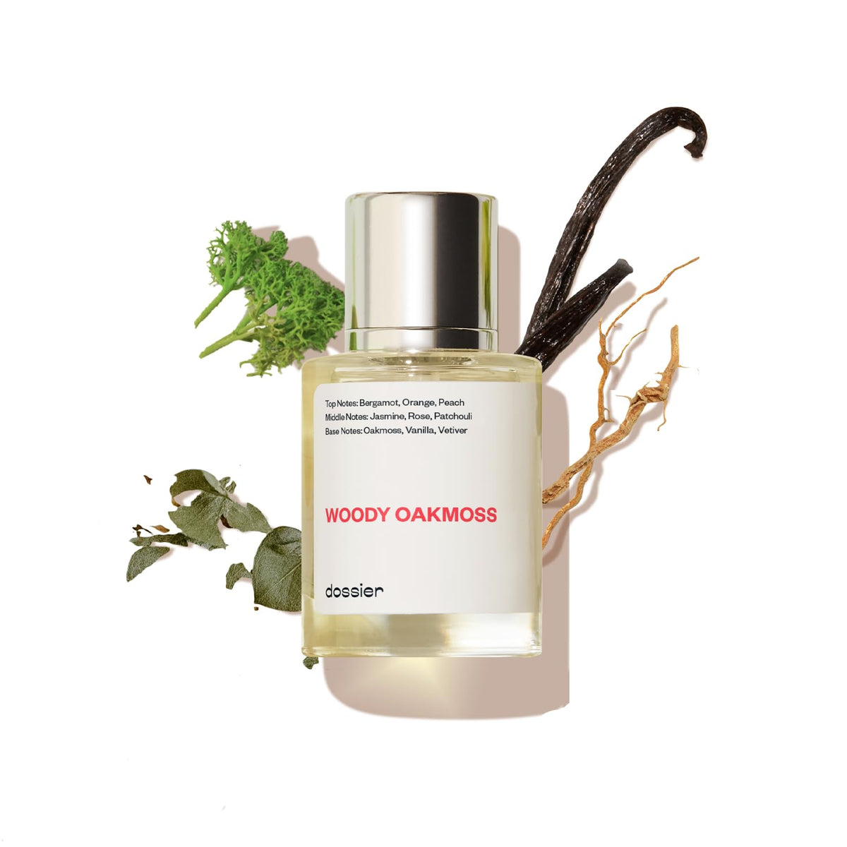 Dossier Woody Oakmoss bottle front for everyday luxury fragrance.