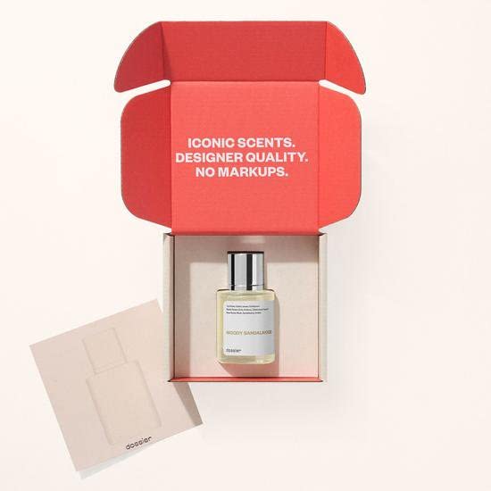 Dossier Woody Sandalwood packaging emphasizing vegan, cruelty-free fragrance values.