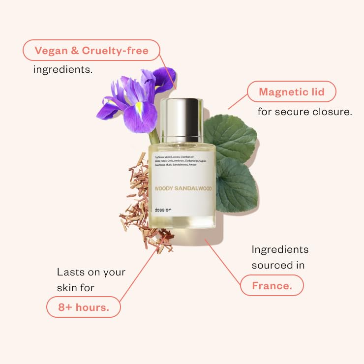 Dossier Woody Sandalwood notes: violet leaves and cardamom for a bright opening.