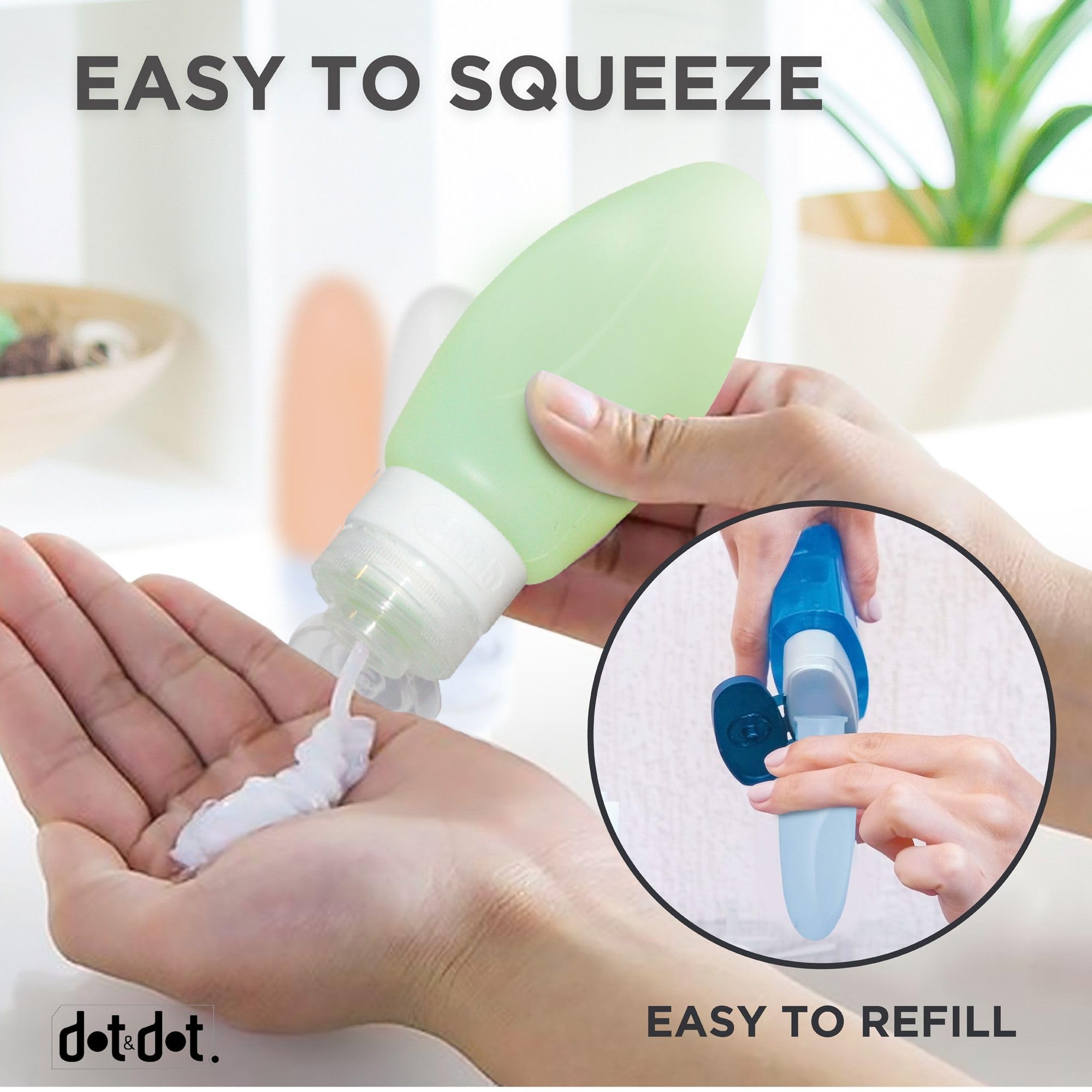 Dot&Dot bottles used for shampoo or conditioner on trips.