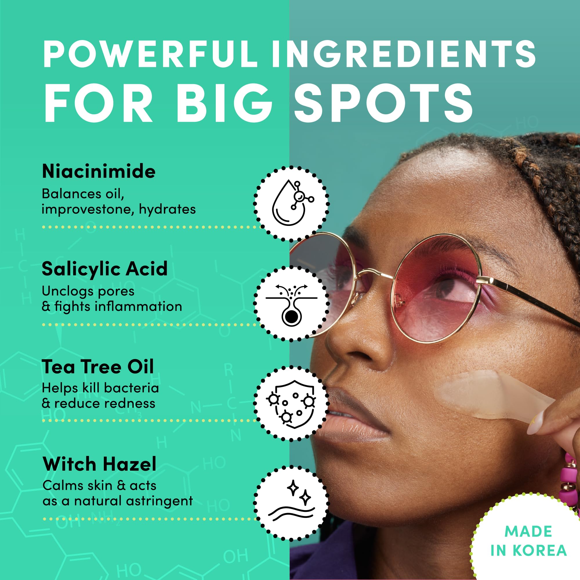 Dots for Spots large patches on chin illustrate precise oval coverage for blemishes.