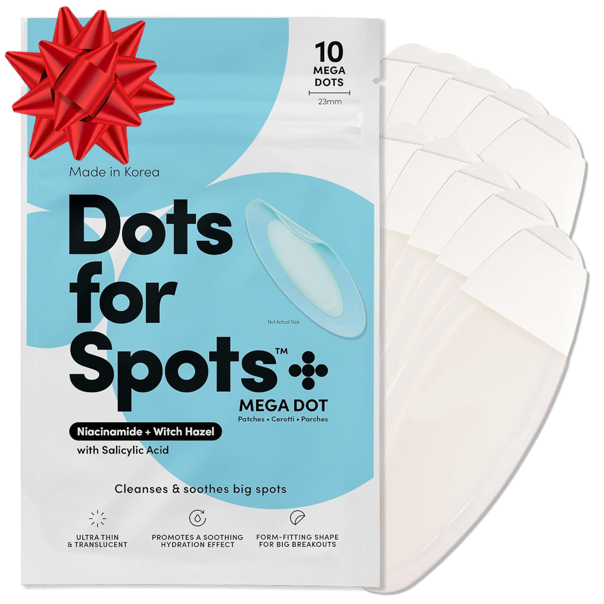 Dots for Spots packaging shows discreet large patches for on-the-go acne support.