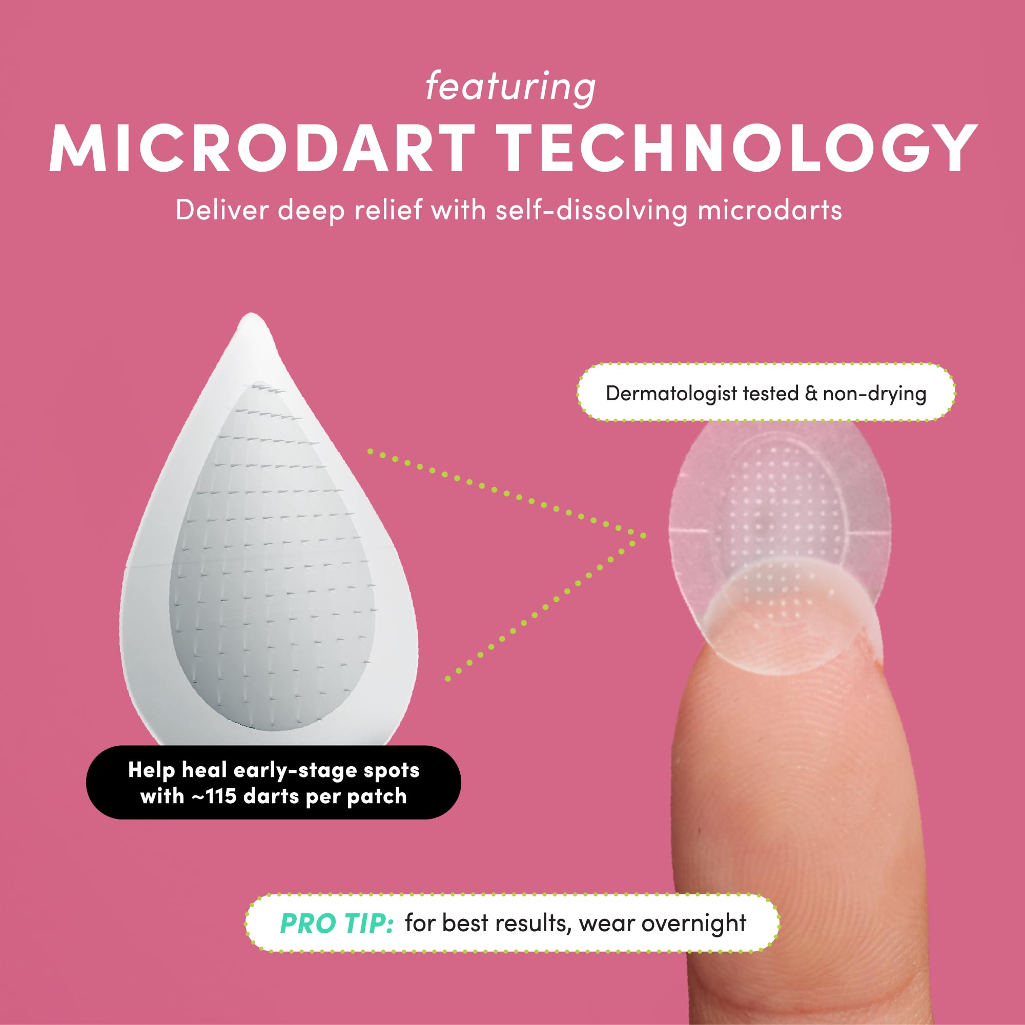 Dots for Spots microdarts technology under skin surface emphasizes precise ingredient delivery.